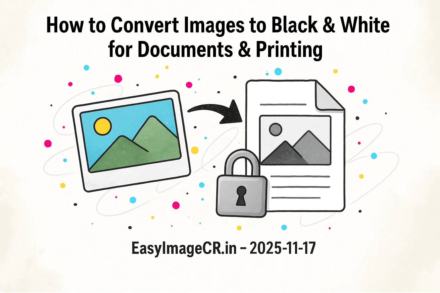A colorful photo transforming into a black and white document