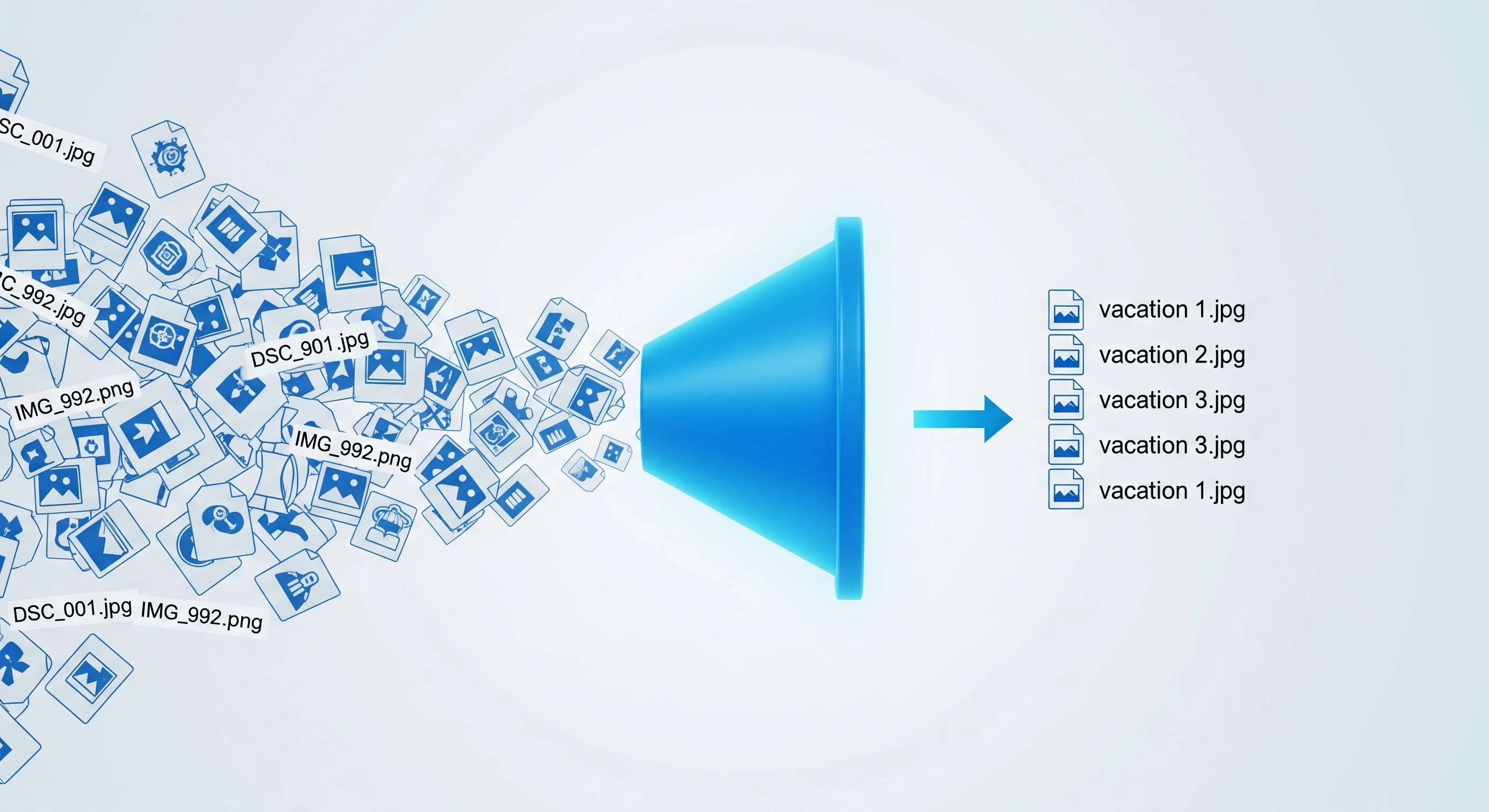 A before and after comparison showing messy filenames changing to organized clean filenames