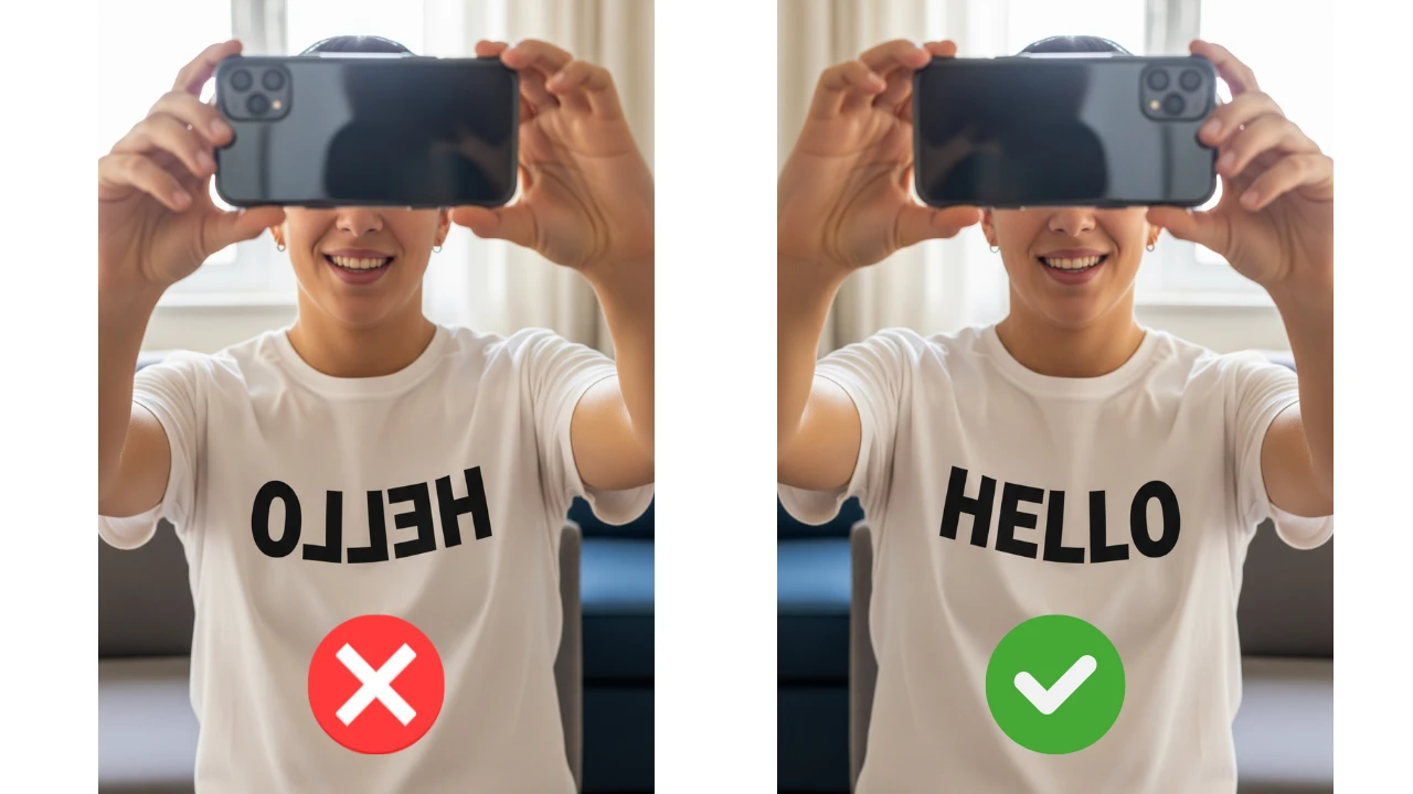 A selfie before and after flipping, showing corrected text